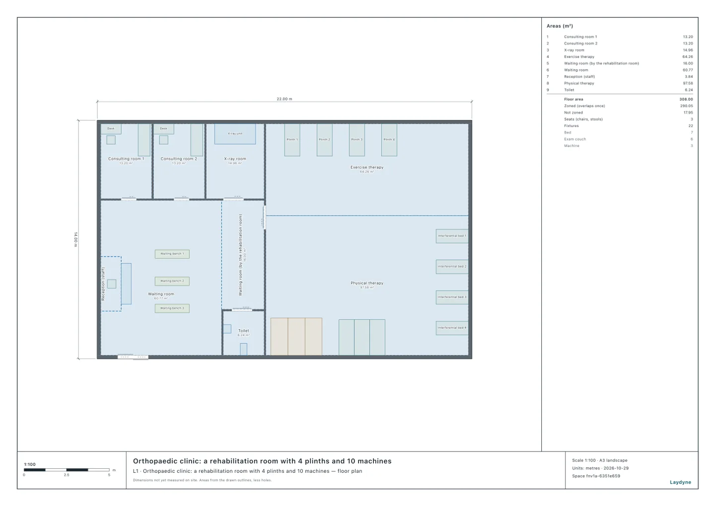Plan of an orthopaedic clinic: two consulting rooms and the X-ray room to the north-west, the reception, the waiting room and a toilet to the south-west, the rehabilitation room to the east (four plinths for exercise therapy on the north wall, three traction units and three water beds on the south wall, four interferential beds on the east wall), the entrance in the south wall