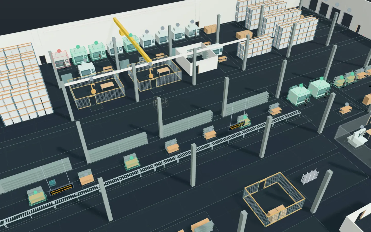 3D view of an assembly plant, with CNCs along the back wall, fenced welding robots, the eight-station assembly line on a roller conveyor in front, test rigs on the right, and racks and shipping docks at the back