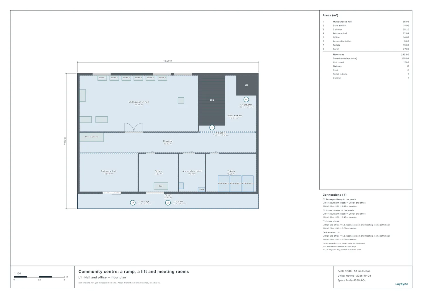 Plan of a community centre’s ground floor with its multipurpose hall set out as a polling station: two register desks, the ballot paper desk, six writing booths and the ballot box