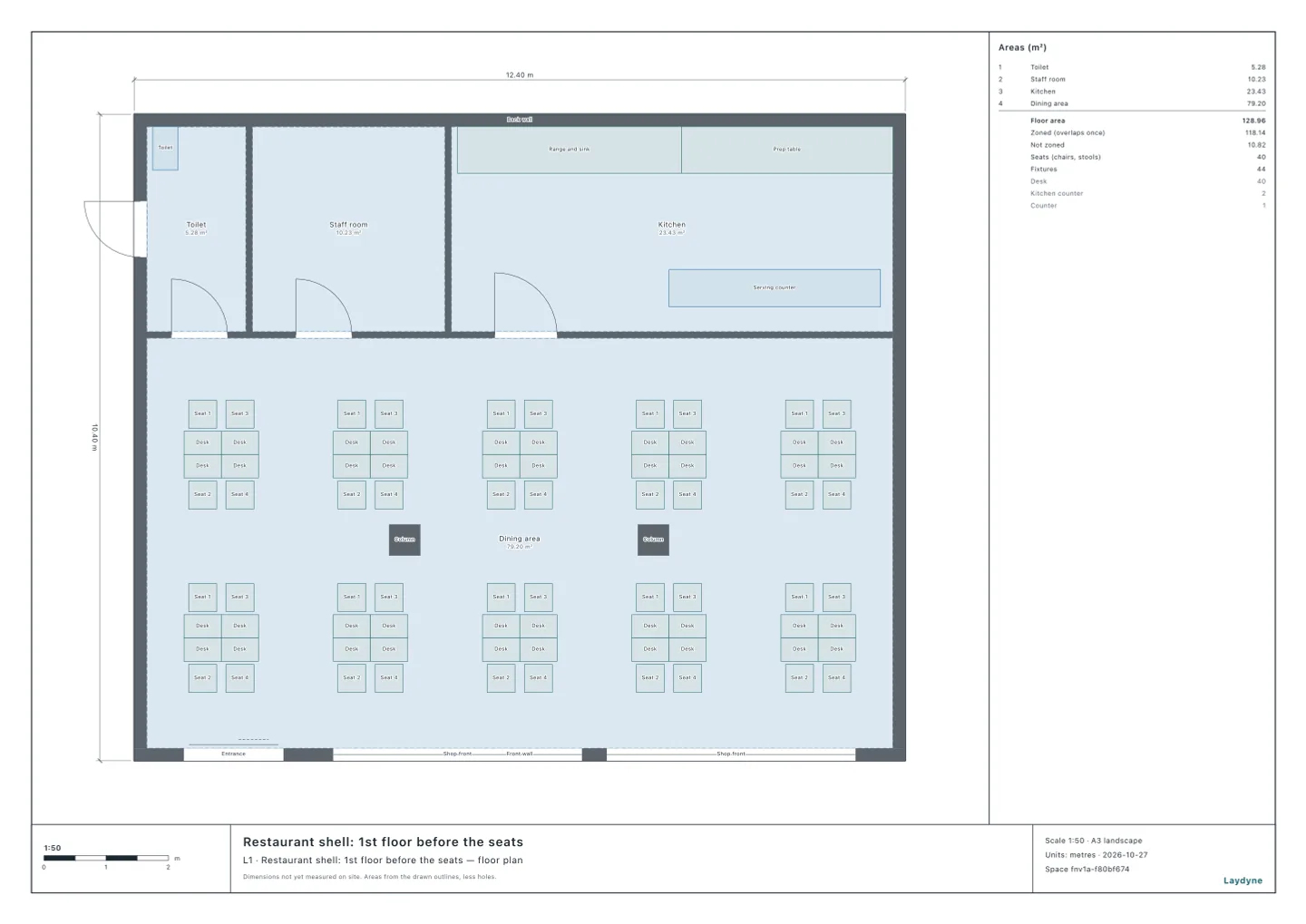 Plan of the ground floor of a 12 × 10 m restaurant with the kitchen, staff room and toilet at the back and forty seats at ten tables for four, in two rows of five, between two columns