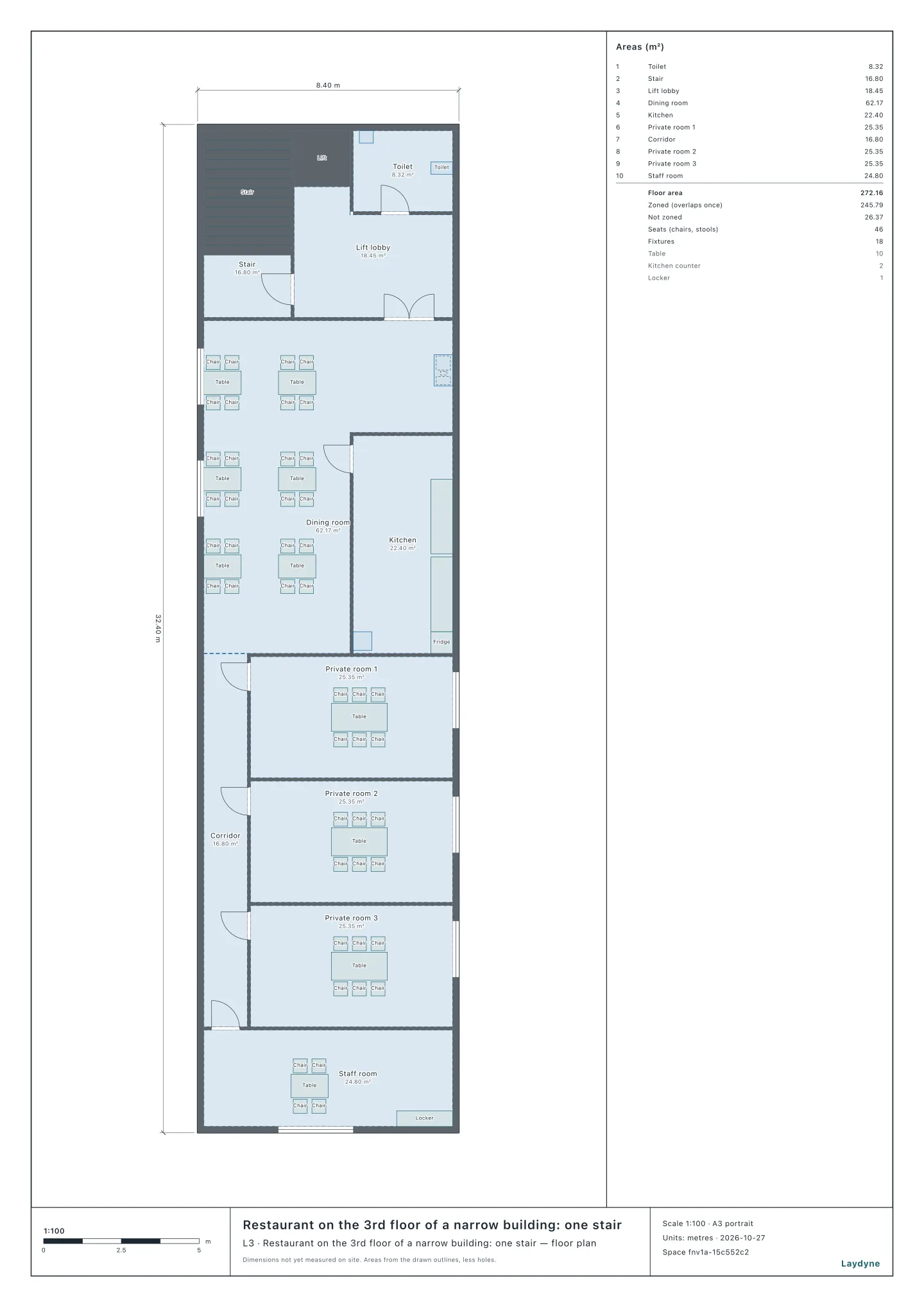 Plan of a restaurant on the 3rd floor of a narrow building, 8.4 × 32.4 m: the stair, the lift, a toilet and the lift lobby at the front, the dining room and the kitchen, then a corridor to three private rooms and the staff room at the back