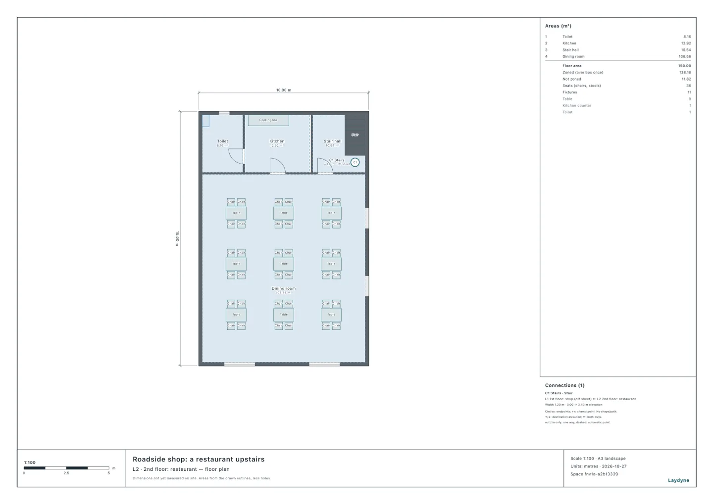 Plan of the 2nd floor of a two-storey roadside shop: two windows to the road in the south, two to the neighbour in the east, the toilet, kitchen and stair hall to the north, and nine tables in the dining room