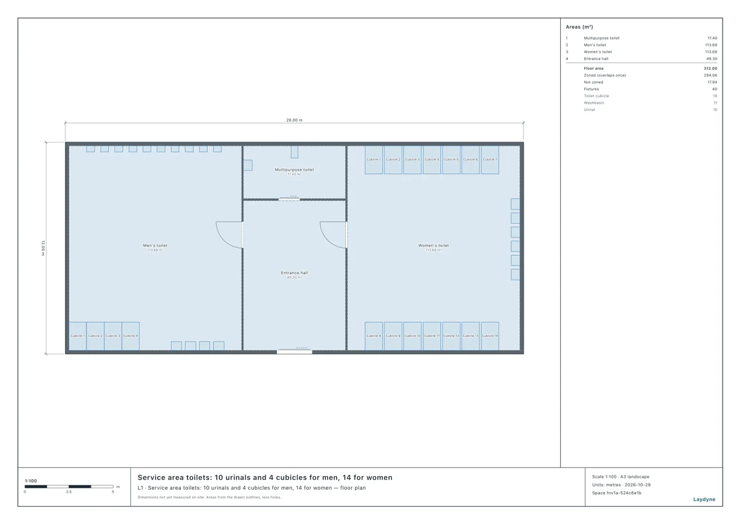 Plan of a service area’s toilet block: the men’s toilet to the west (ten urinals on the north wall, four cubicles and four washbasins on the south wall), the entrance hall in the middle with the multipurpose toilet to its north, the women’s toilet to the east (seven cubicles on each of the north and south walls, six washbasins on the east wall), the way in from the car park in the south wall