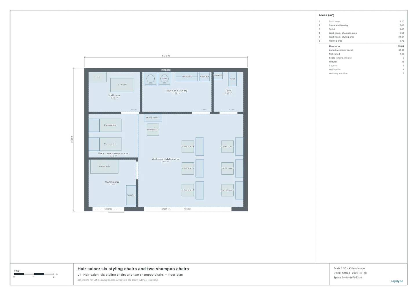 Plan of a hair salon in a tenant of 8.2 × 7.2 m: the work room with seven styling stations and two shampoo chairs, the waiting area by the entrance, and the staff room, the stock and laundry room and the toilet at the back