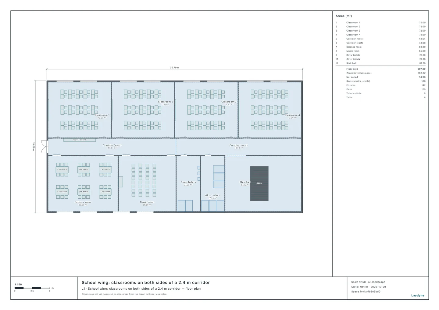 Plan of a primary school’s floor: four classrooms to the north, a central corridor, the science room, the music room, the boys’ toilet (two cubicles, three urinals), the girls’ toilet (six cubicles) and the stair hall to the south