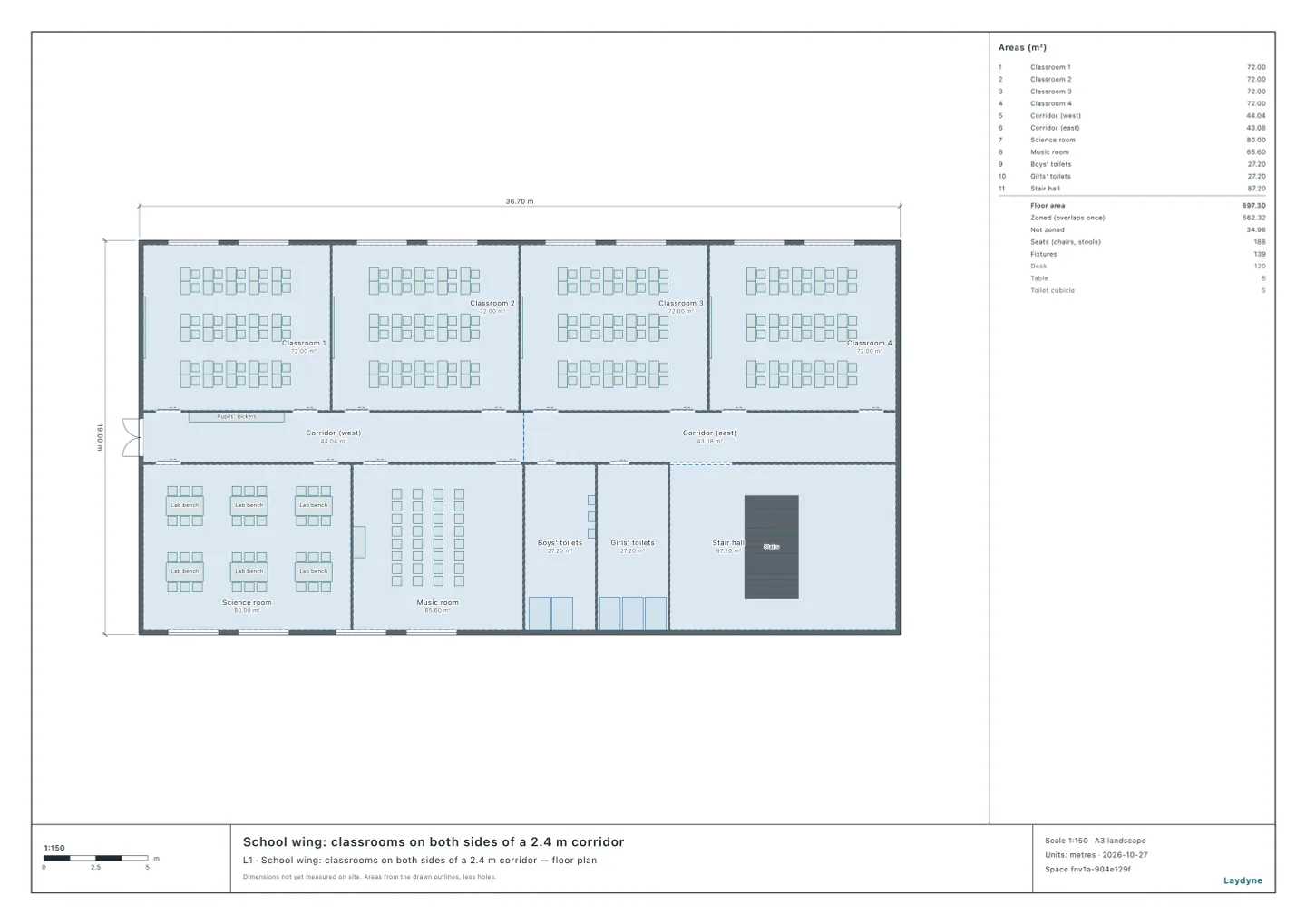 Plan of one floor of a primary school wing: four classrooms of 30 desks along the north, a science room, a music room, toilets and the stair hall along the south, and the 2.4 m corridor between them with a row of pupils' lockers standing in it outside classroom 1