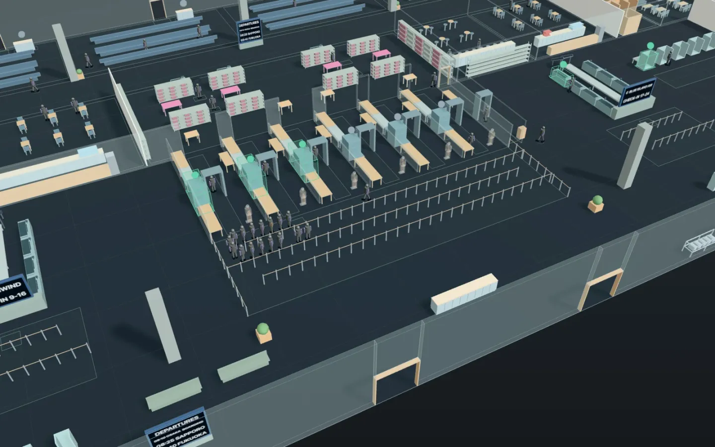 3D view of an airport’s departures floor, with the security lanes and X-ray belts, a serpentine queue of passengers in front, and duty free and the gate seating beyond