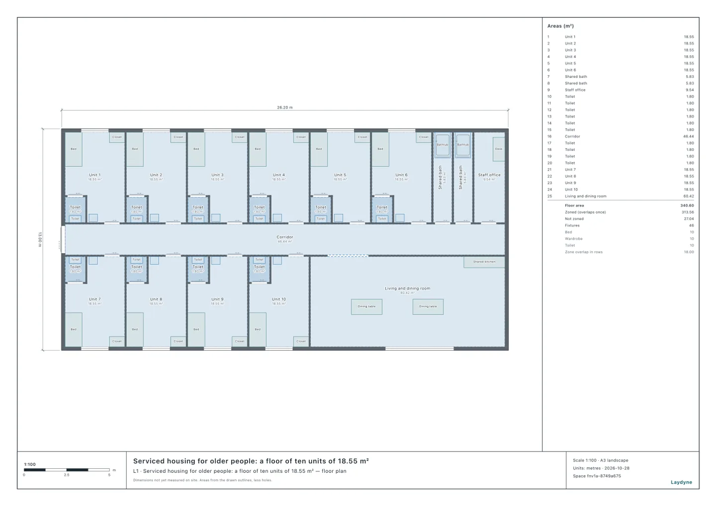 Plan of a floor of serviced housing for older people of 26.2 × 13 m: six units along the north and four along the south of a corridor, the shared living and dining room, the shared baths and the staff office