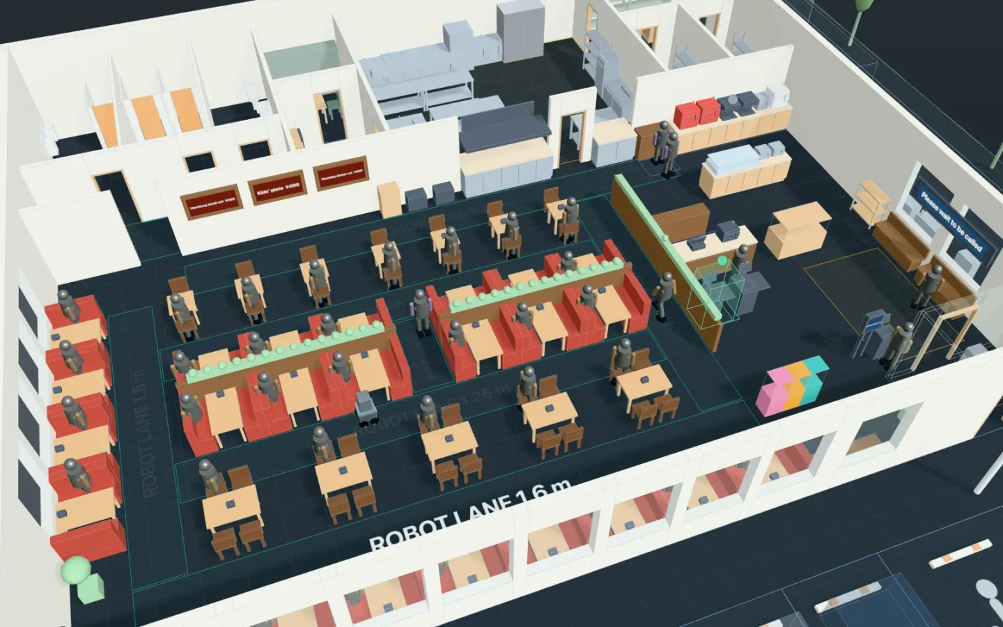 3D view of a family restaurant’s dining room, with guests at booths and tables and a serving robot driving along robot lanes 1.6 m and 1.8 m wide, the kitchen at the back and reception on the right