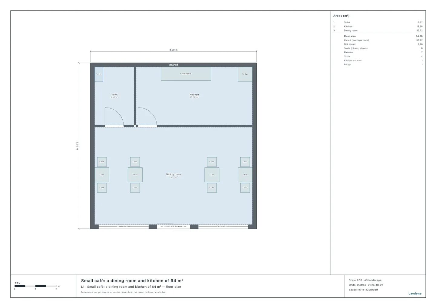 Plan of a small café: the entrance with automatic doors on the street to the south, a dining room of four tables for two, the kitchen along the north behind a partition and its door, and the toilet in the corner