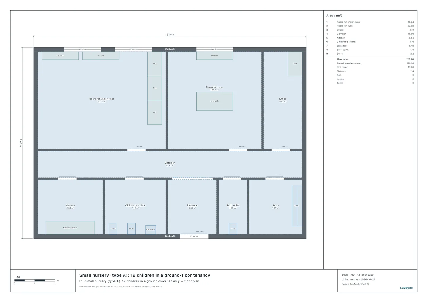 Plan of a small nursery of type A in a ground-floor tenancy of 13.4 × 9.4 m: the room for under-twos, the room for twos, the office, a corridor, the kitchen, the toilets, the entrance, the staff toilet and the store