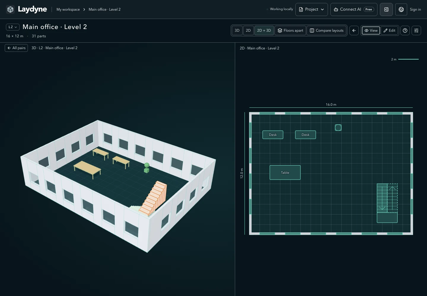 The same office floor displayed as a large 3D model and 2D plan