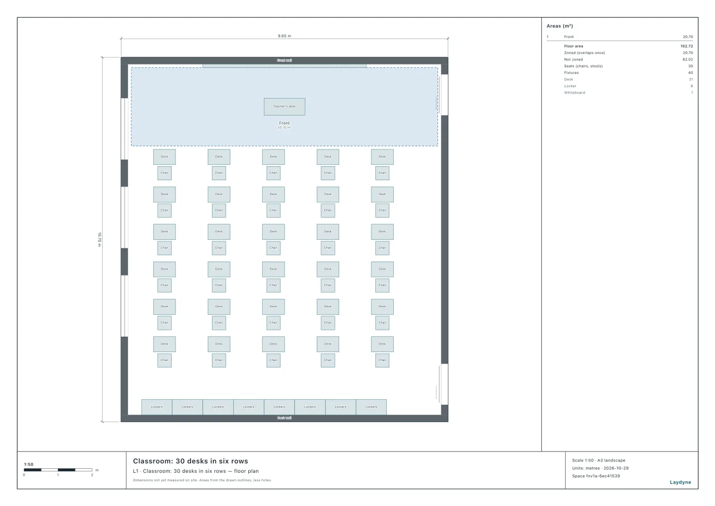 Plan of a classroom of 30 desks (5 columns by 6 rows): the whiteboard and the teacher’s desk at the front, lockers at the back, front and back sliding doors in the east wall