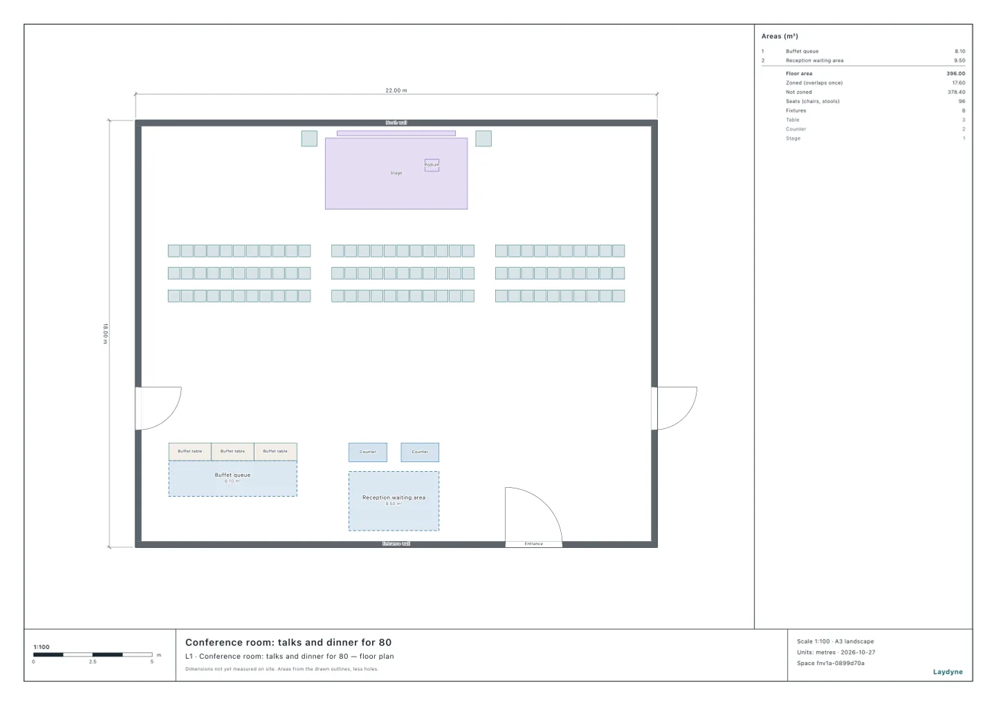 Plan of a conference room, with three rows of chairs in three blocks in front of the stage to the north, and the buffet tables and the reception counters to the south