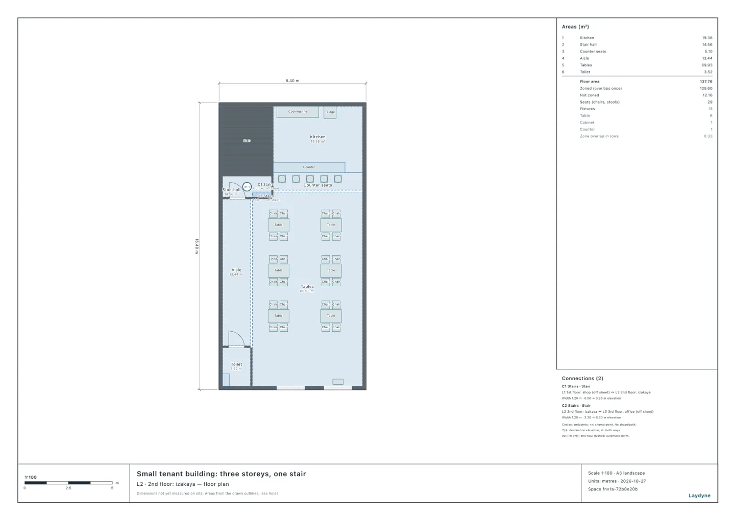 Plan of the 2nd floor of a three-storey tenant building: the stair hall in the north-west corner, the kitchen, a counter of five stools, six tables, the toilet, and a descending device’s box by the east window