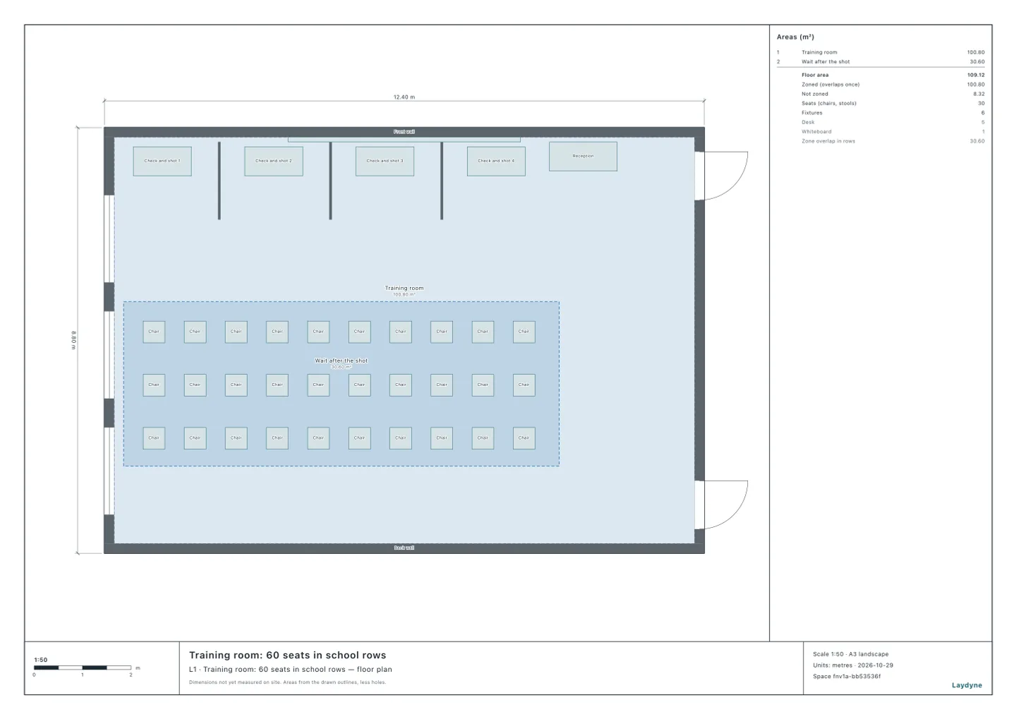 Plan of a training room set out as a vaccination site: the reception by the front door, four booths for the check and the shot along the front wall with screens between them, and 30 chairs for the wait after the shot at the back