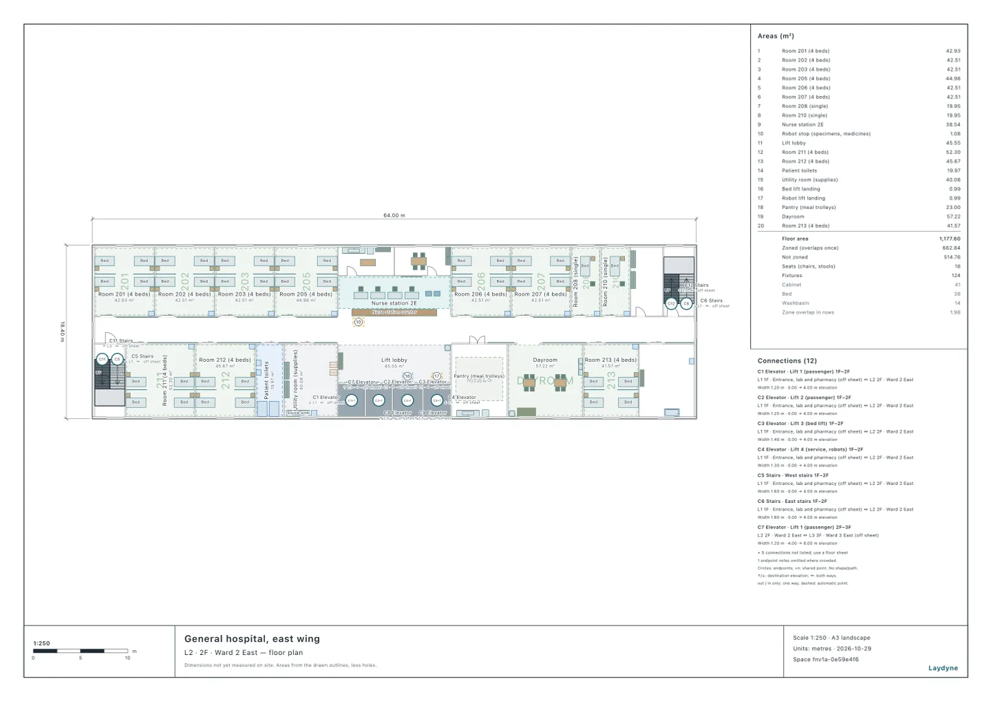 Plan of a hospital’s 2nd-floor ward: rooms of four and single rooms and the nurse station to the north; the lift hall, the sluice room, the pantry, the day room and rooms of four to the south; stairs at either end