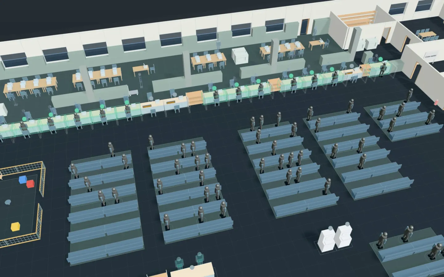 3D view of a ward office’s service floor, with the long counter and the back office behind it, residents waiting on benches for their number, a children’s corner on the left and the ticket machines at the bottom right