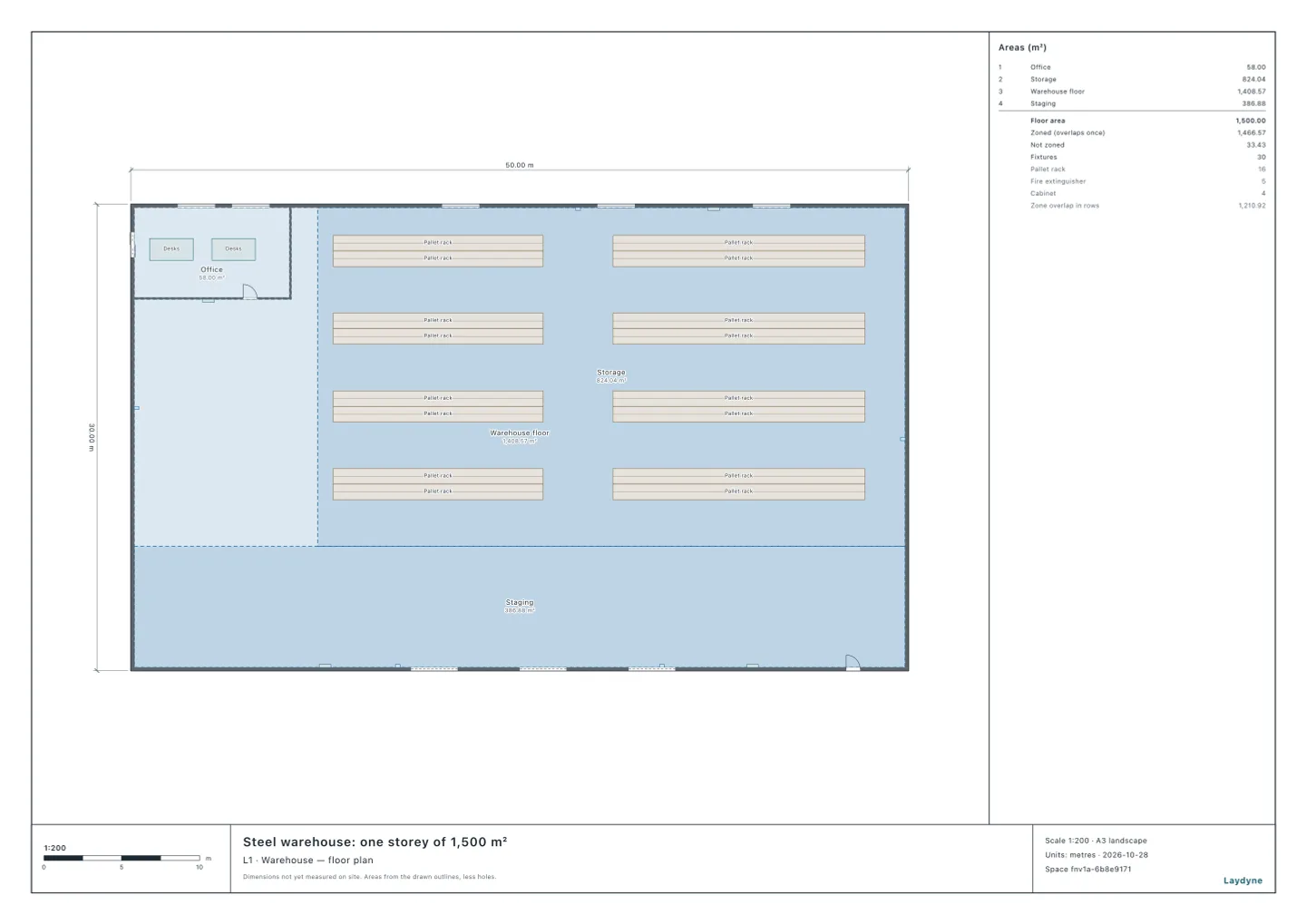 Plan of a steel warehouse: the office in the north-west corner, two blocks of pallet racks, the staging area and three docks on the south, four indoor fire hydrants and five extinguishers on the walls