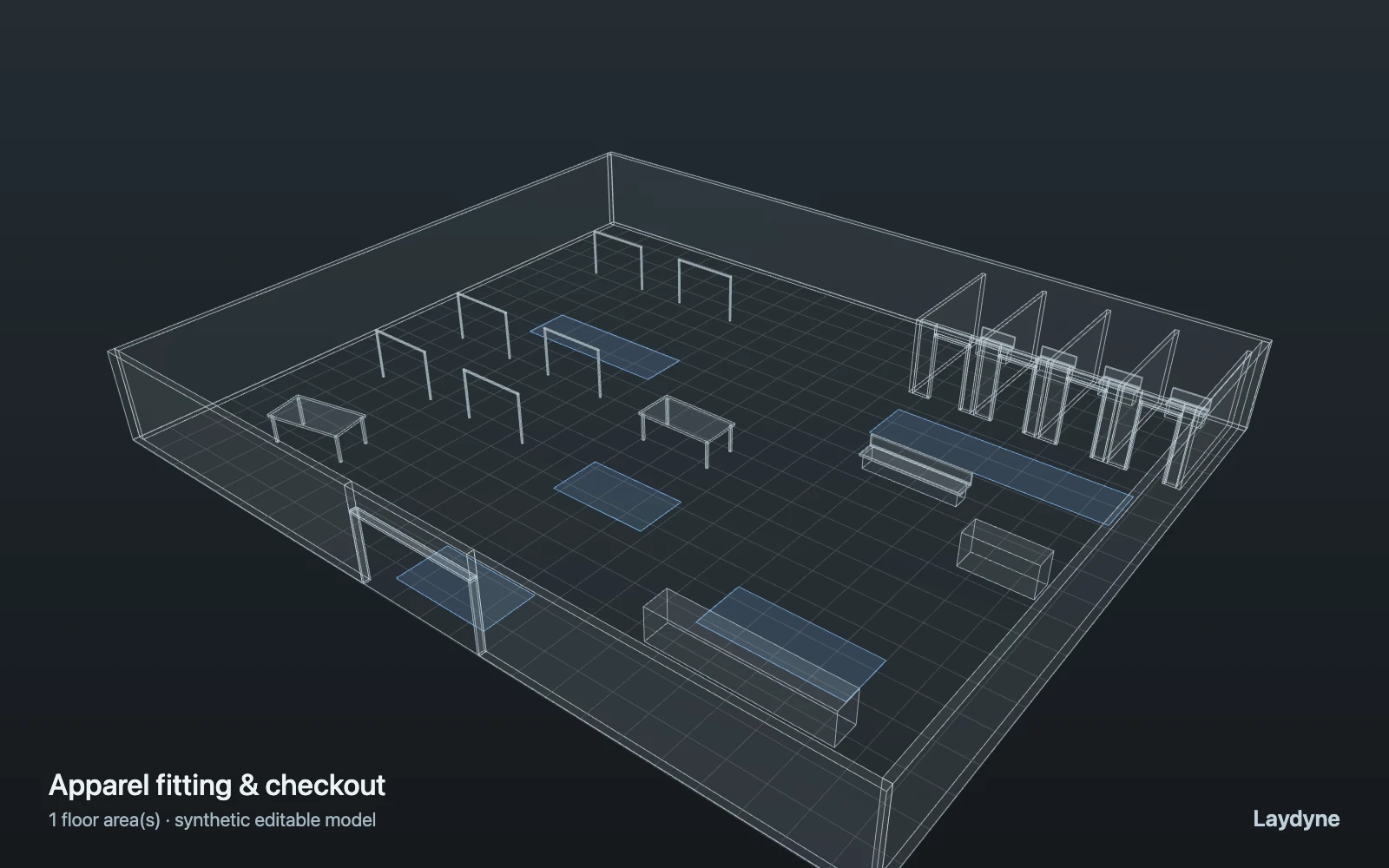 Laydyne apparel store model with fitting rooms and a checkout