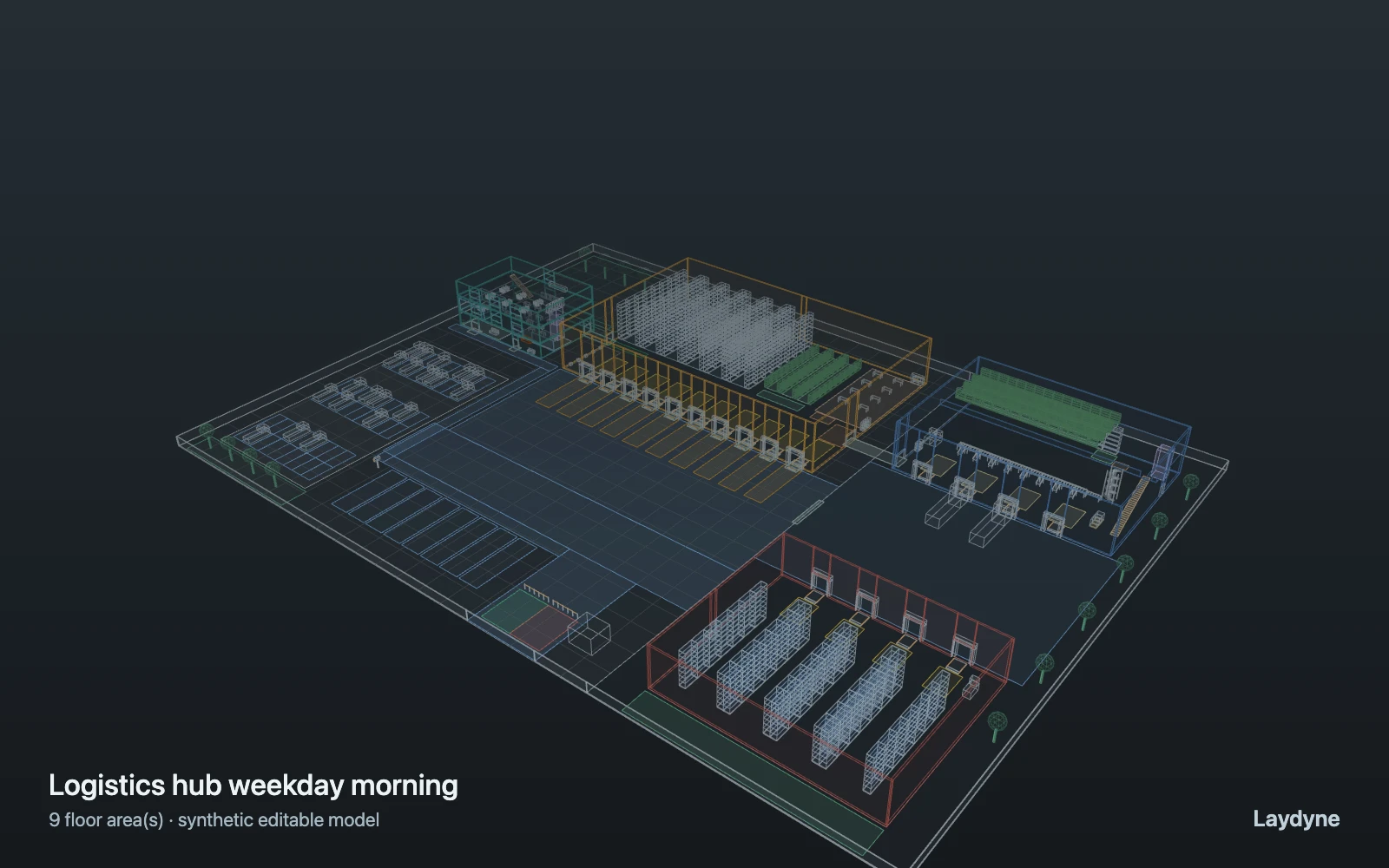 Actual Laydyne 3D model: Logistics hub weekday morning
