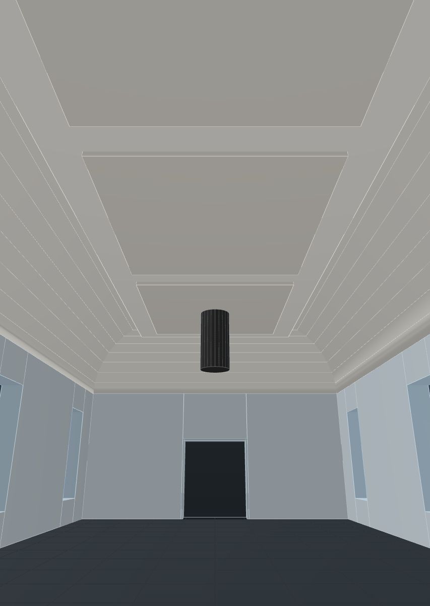 The Laydyne model from the same viewpoint: The coved ceiling and its three panels, looking up