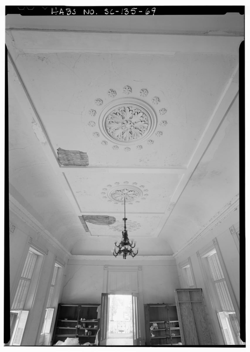 Photograph: The coved ceiling and its three panels, looking up