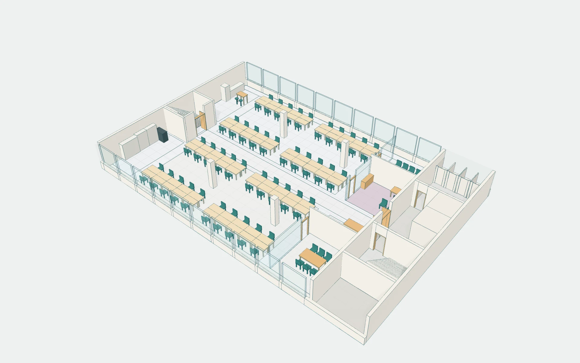 Laydyne 3D view of layout A, the existing office floor with 80 fixed desks
