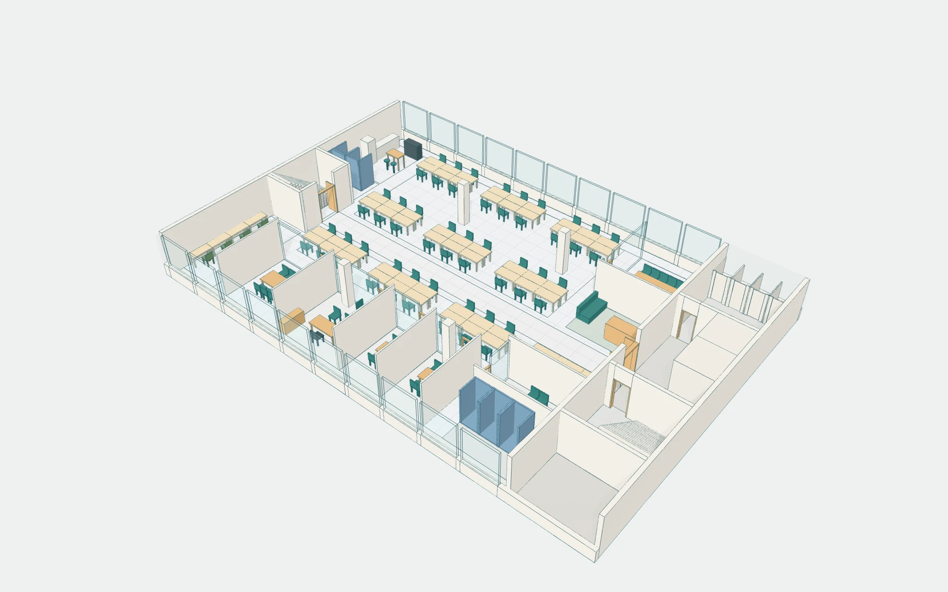 Laydyne 3D view of layout R02 from the same viewpoint, with shared desks, meeting rooms and reception beside the entrance