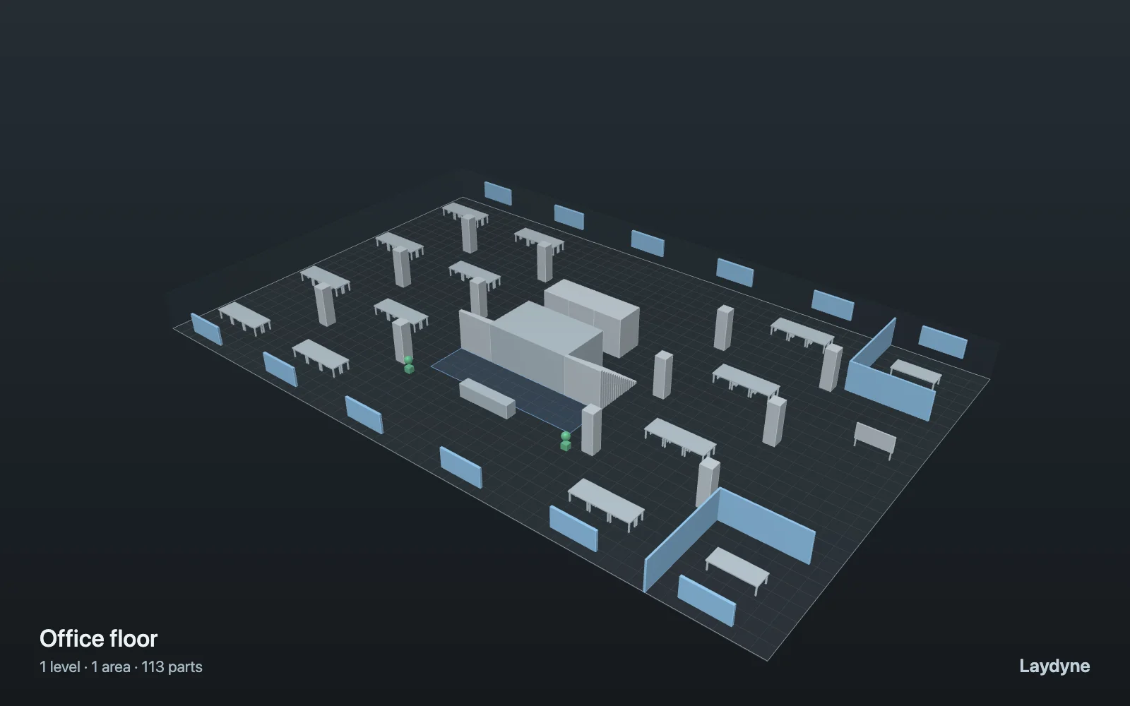 Three-dimensional Laydyne blockout of the built-in Office floor sample with desks, partitions, and open aisles