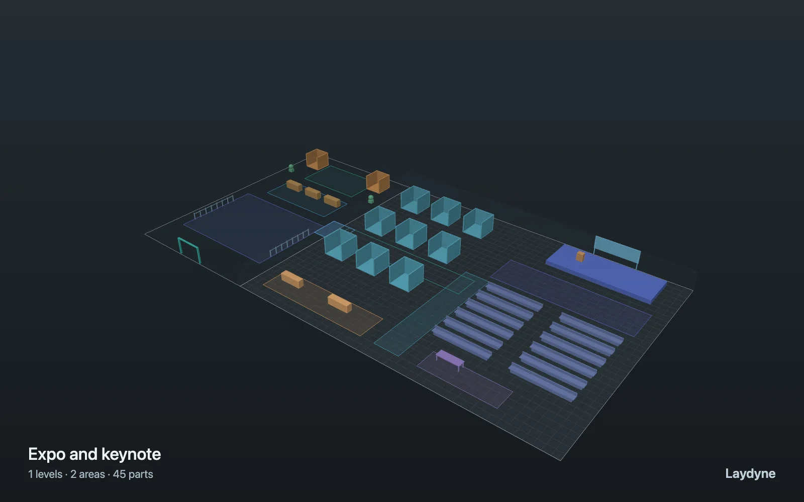 Three-dimensional Laydyne blockout of an exhibition hall with booths, registration, and keynote seating