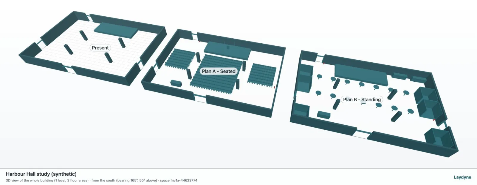 Laydyne 3D view of a synthetic event hall: the empty current layout, a seated plan and a standing reception plan side by side