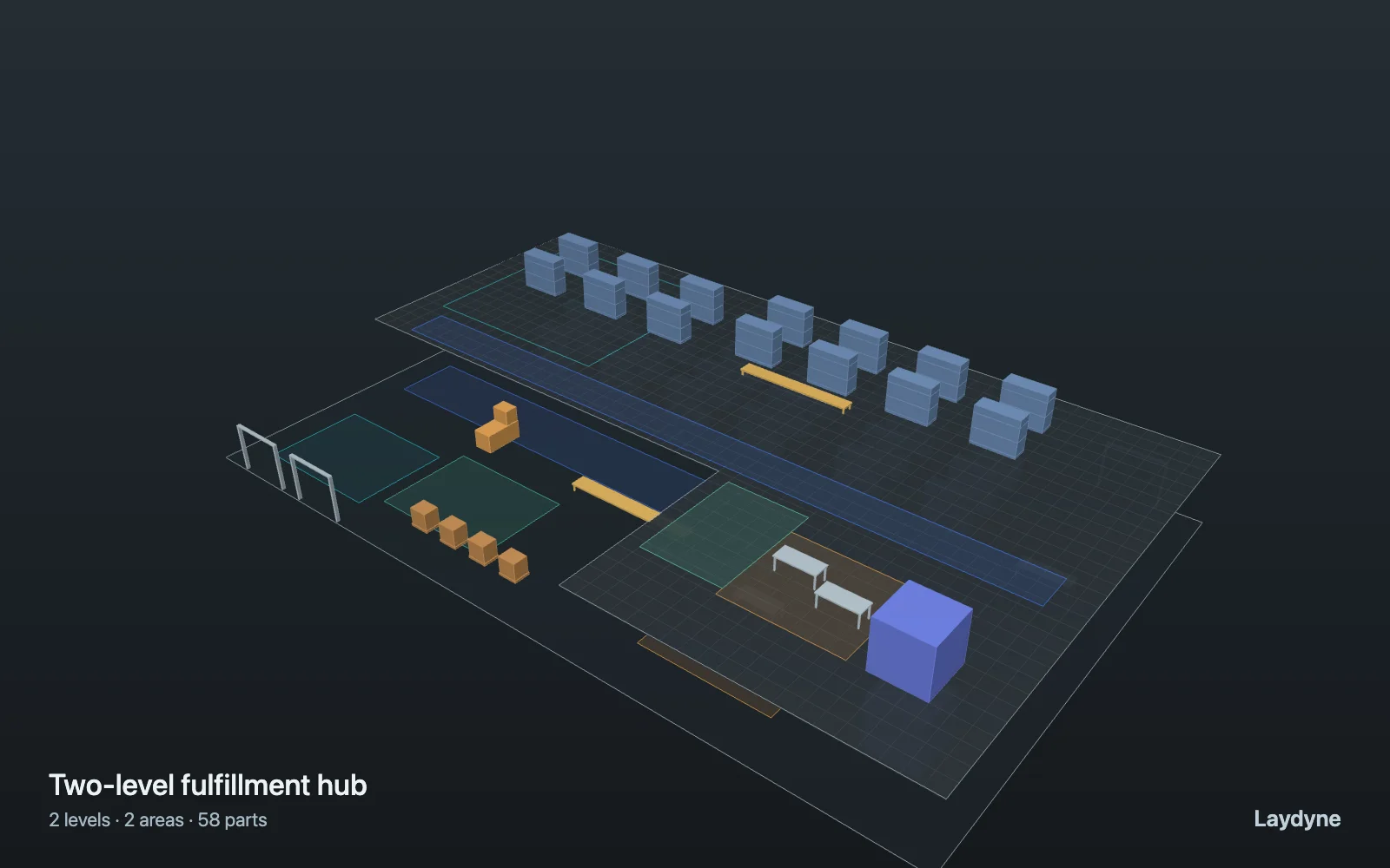 Laydyne 3D model of a two-level warehouse with racks, work areas and a freight lift