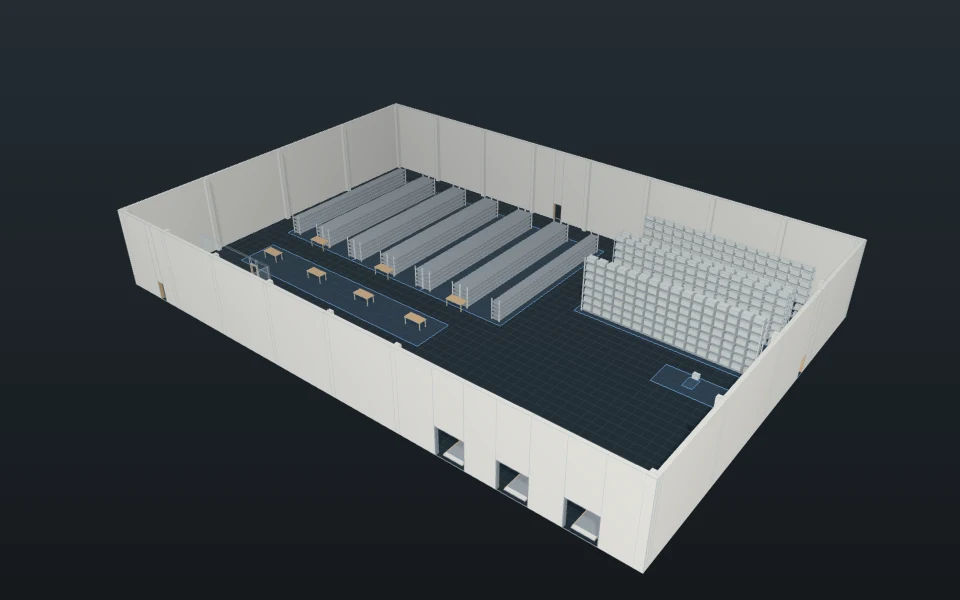 Laydyne 3D view of the warehouse from the robot fleet proposal record